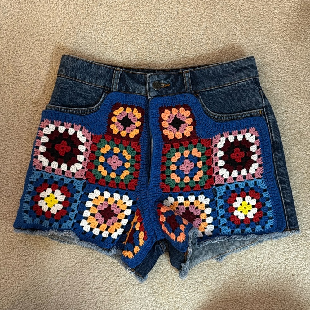 Farm Rio for Anthropologie Crochet Denim Shorts